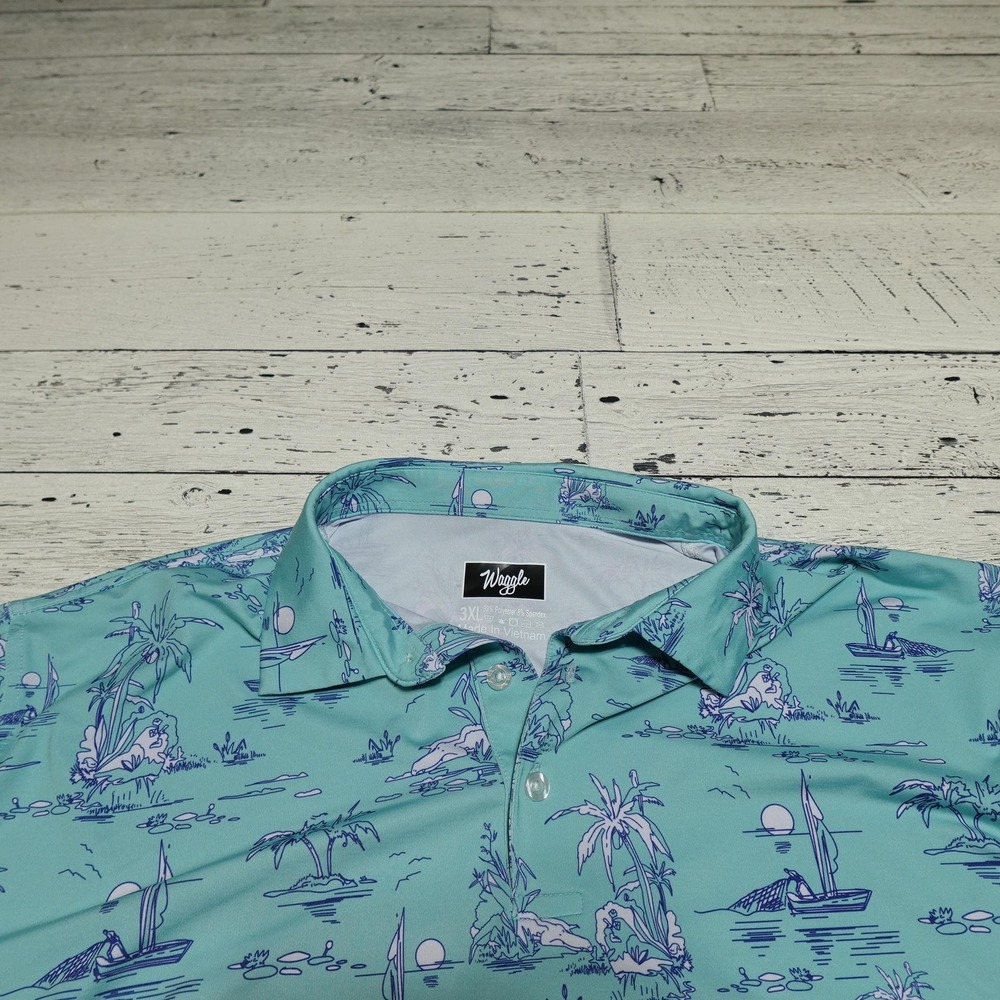 Waggle Polo Shirt Mens 3XL Green Tropical Island Graphic Golf Performance Top - Picture 3 of 7